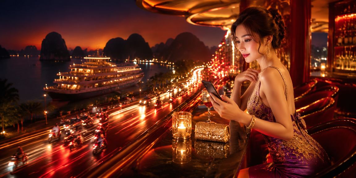 Cảnh đêm Vịnh Hạ Long với ánh đèn neon và trải nghiệm VIP bonus trực tuyến