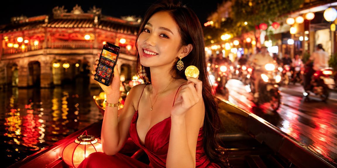 Người dùng tại chợ đêm Hội An sử dụng ứng dụng casino trên điện thoại di động